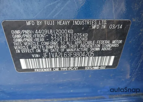 2015 Subaru Wrx Sti z USA, uszkodzony, nr VIN JF1VA2L63F9804205